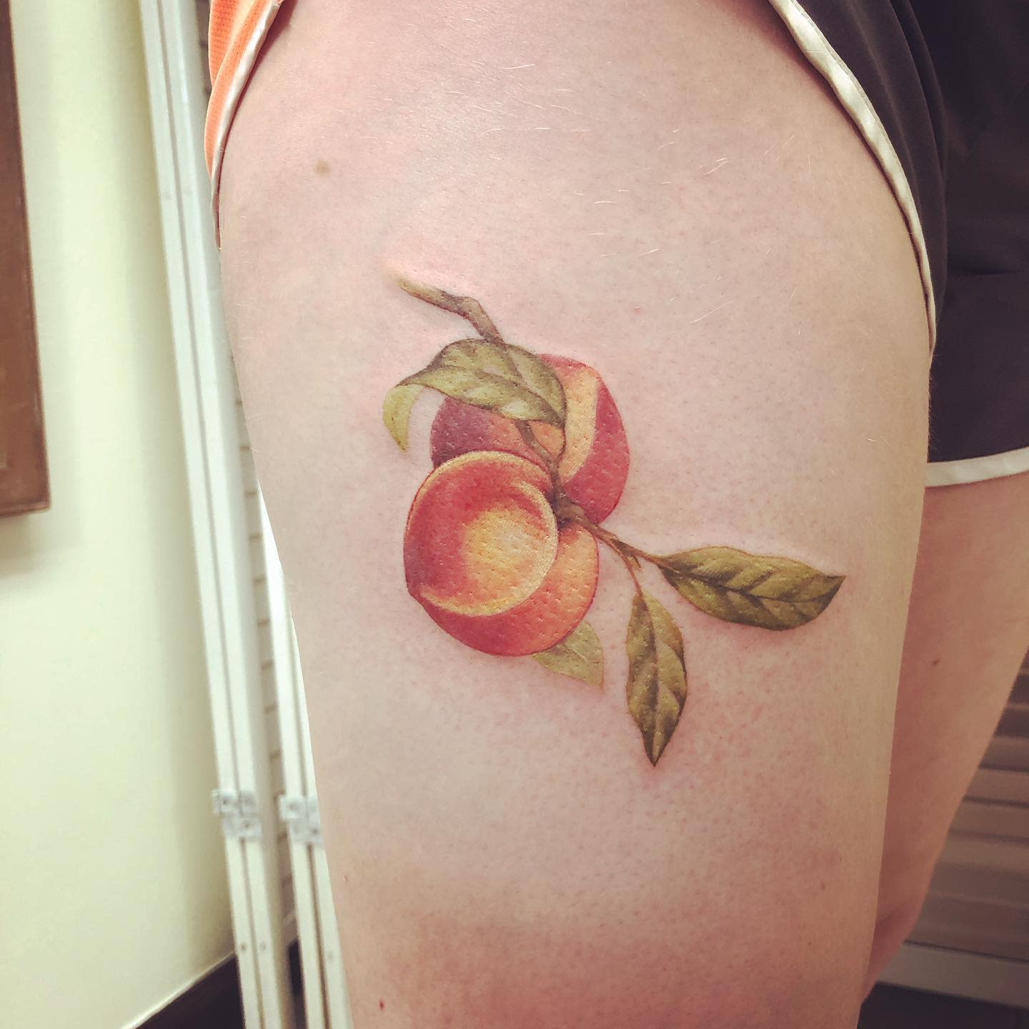 Tattoo of a peach branch with leaves on an upper thigh
